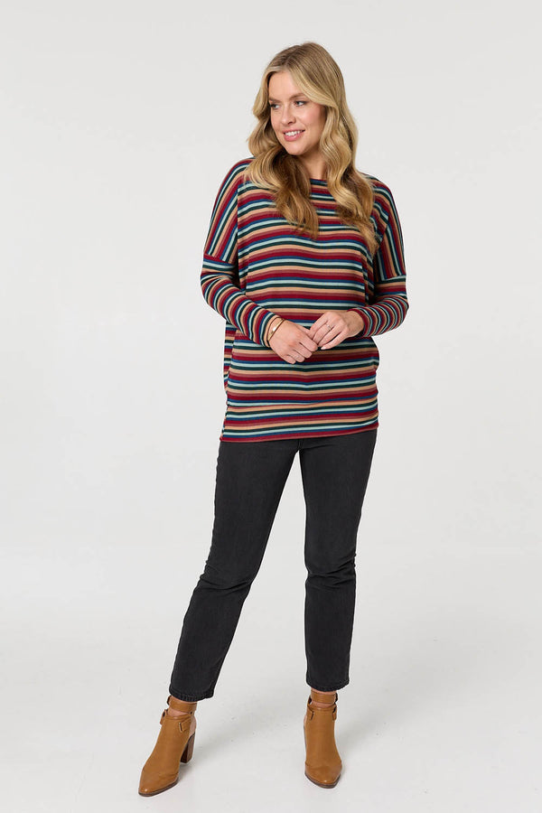 Red | Striped Print Relaxed Batwing Top
