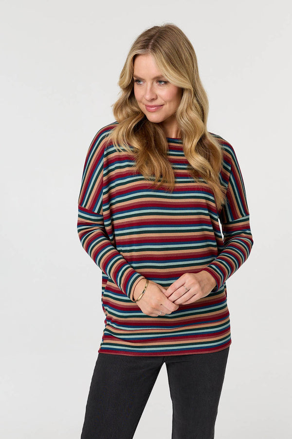 Red | Striped Print Relaxed Batwing Top
