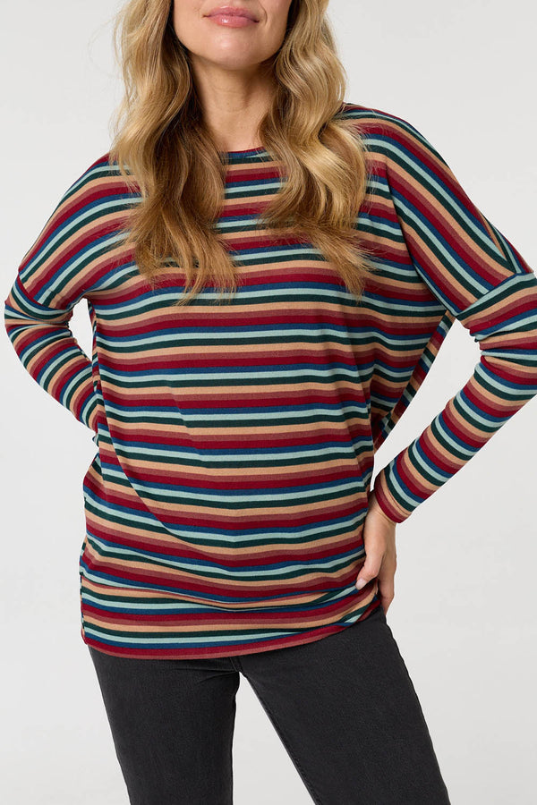 Red | Striped Print Relaxed Batwing Top
