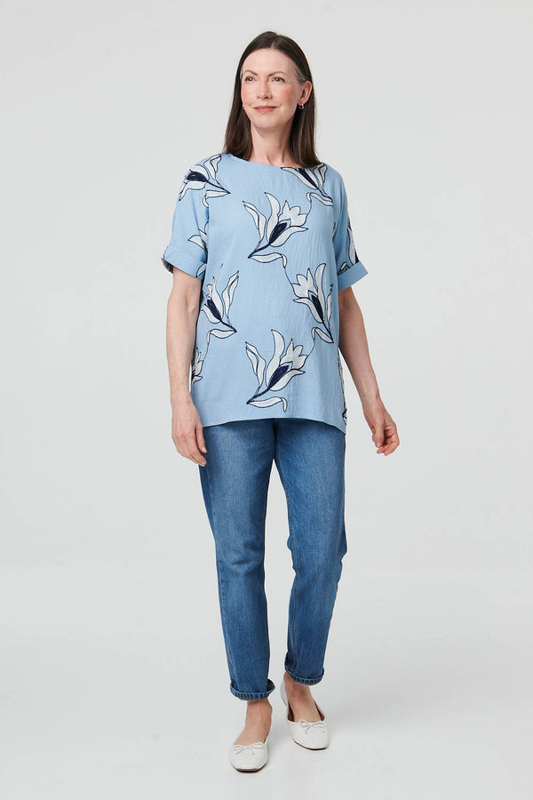 Blue | Floral Embroidered Texture Tunic Top