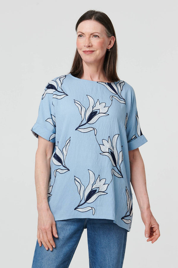 Blue | Floral Embroidered Texture Tunic Top