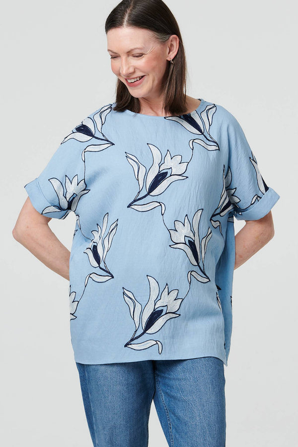 Blue | Floral Embroidered Texture Tunic Top