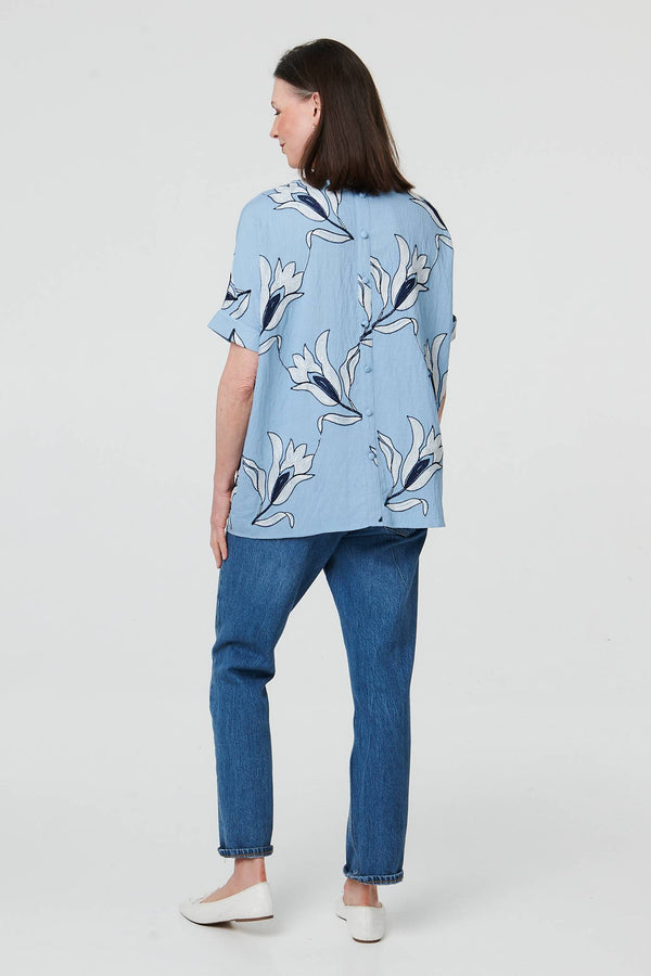 Blue | Floral Embroidered Texture Tunic Top