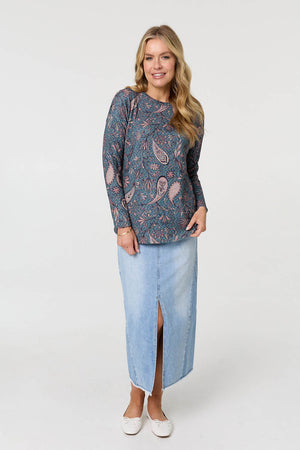 Teal | Paisley Long Sleeve Relaxed Tunic Top