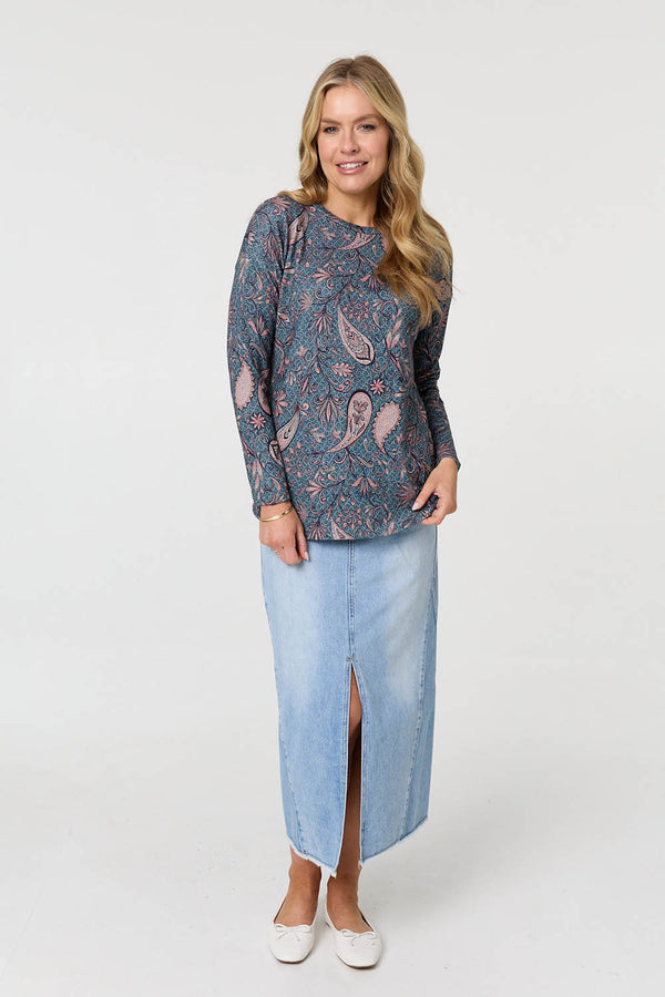 Teal | Paisley Long Sleeve Relaxed Tunic Top