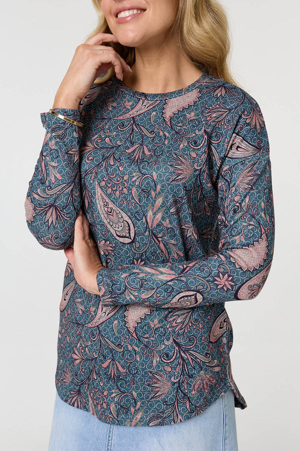 Teal | Paisley Long Sleeve Relaxed Tunic Top
