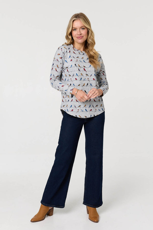 Grey | Printed Long Sleeve Curved Hem Top
