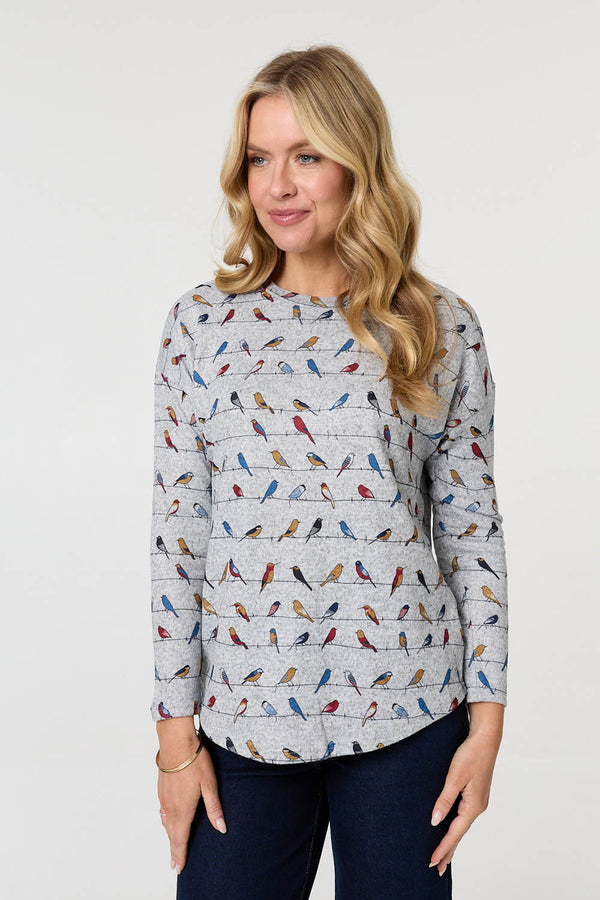 Grey | Printed Long Sleeve Curved Hem Top