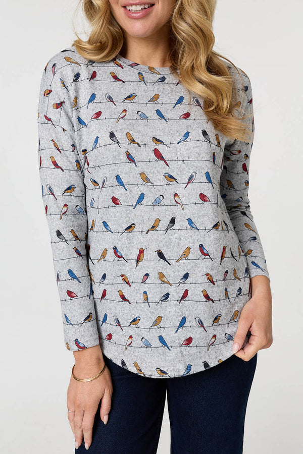 Grey | Printed Long Sleeve Curved Hem Top