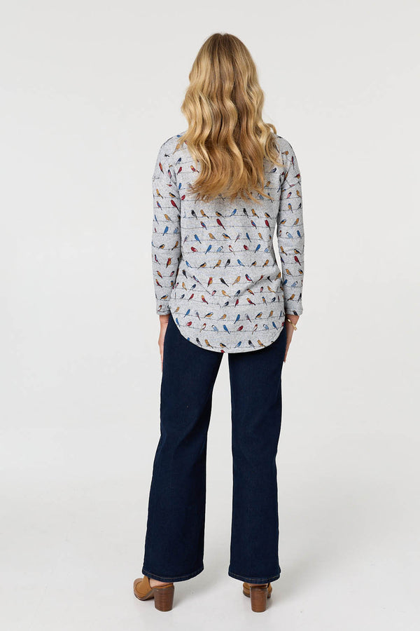 Grey | Printed Long Sleeve Curved Hem Top