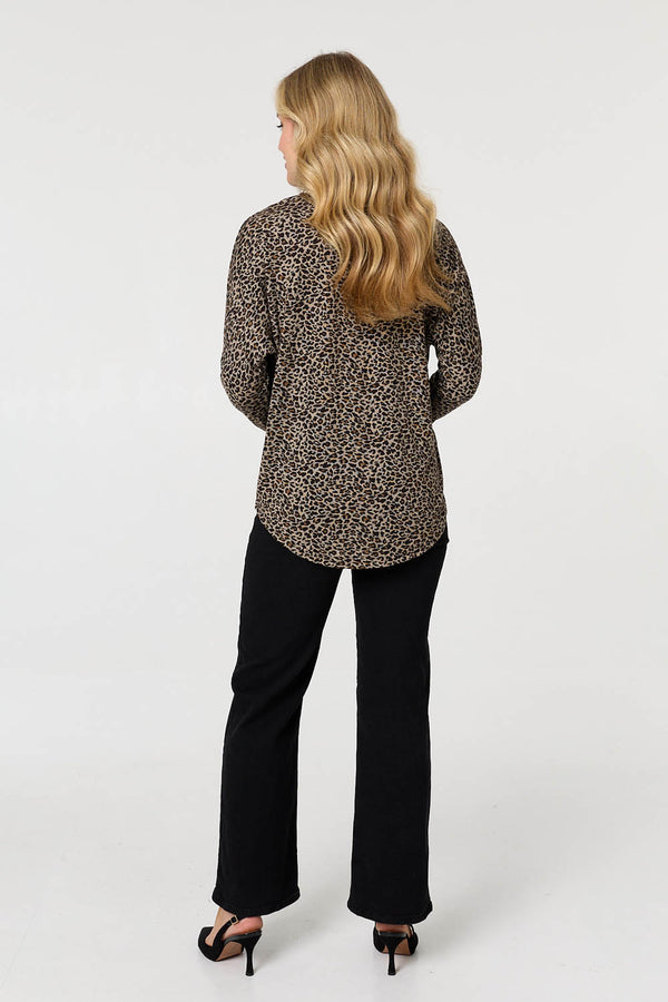Brown | Animal Print Zip Front Long Sleeve Top