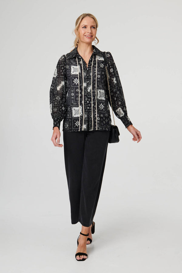 Black | Mosaic Print Button-Up Semi Sheer Shirt
