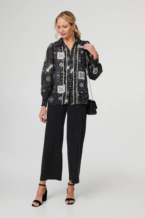 Black | Mosaic Print Button-Up Semi Sheer Shirt
