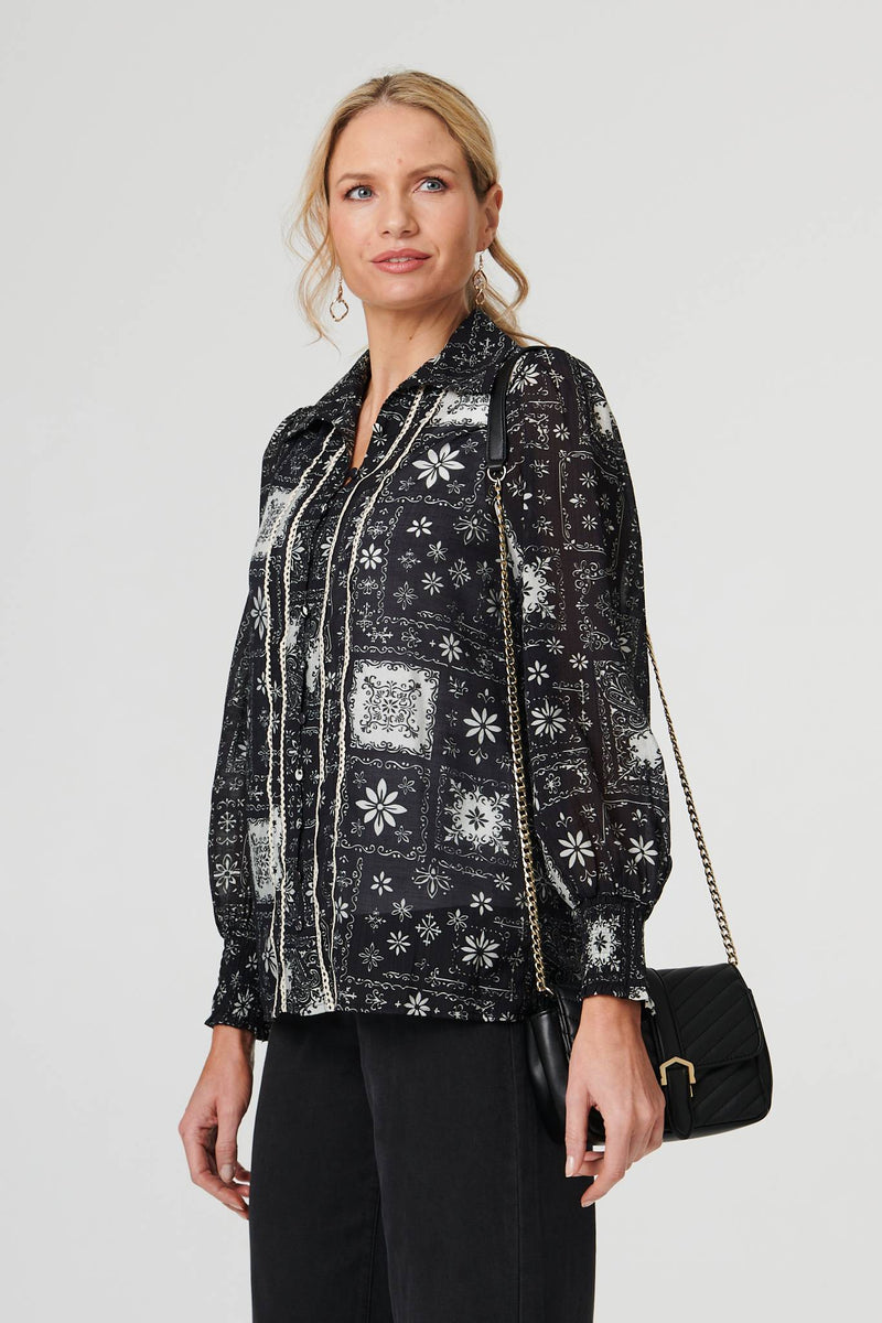 Mosaic Print Button-Up Semi Sheer Shirt