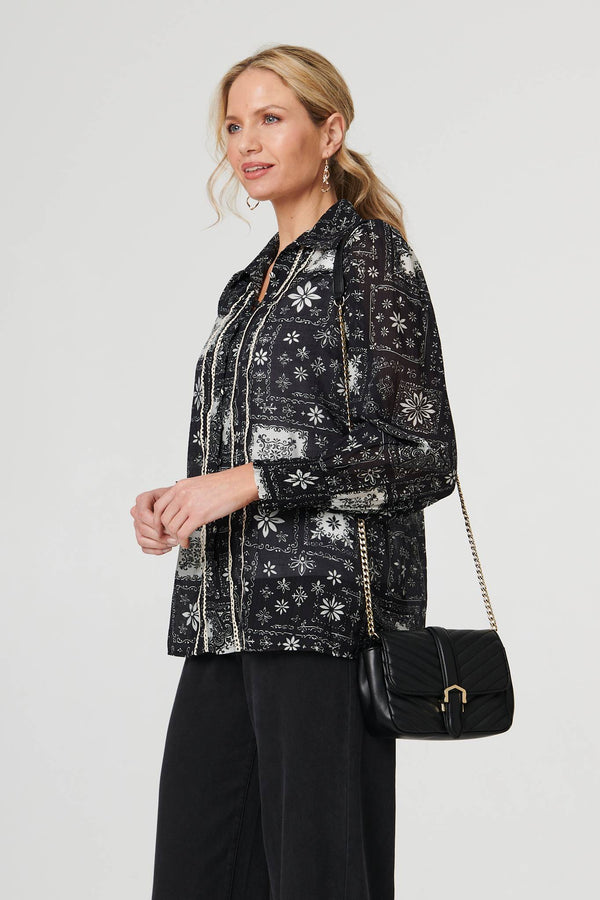 Black | Mosaic Print Button-Up Semi Sheer Shirt
