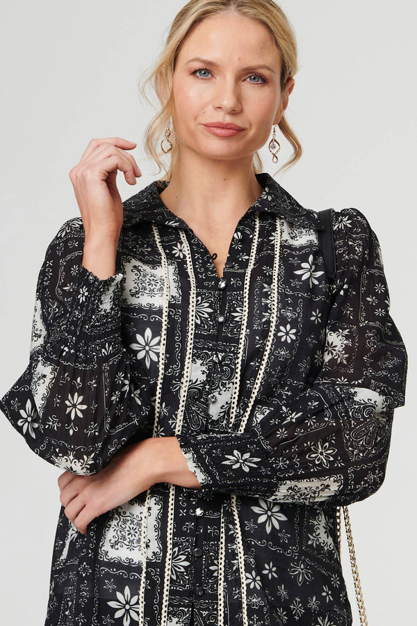 Black | Mosaic Print Button-Up Semi Sheer Shirt
