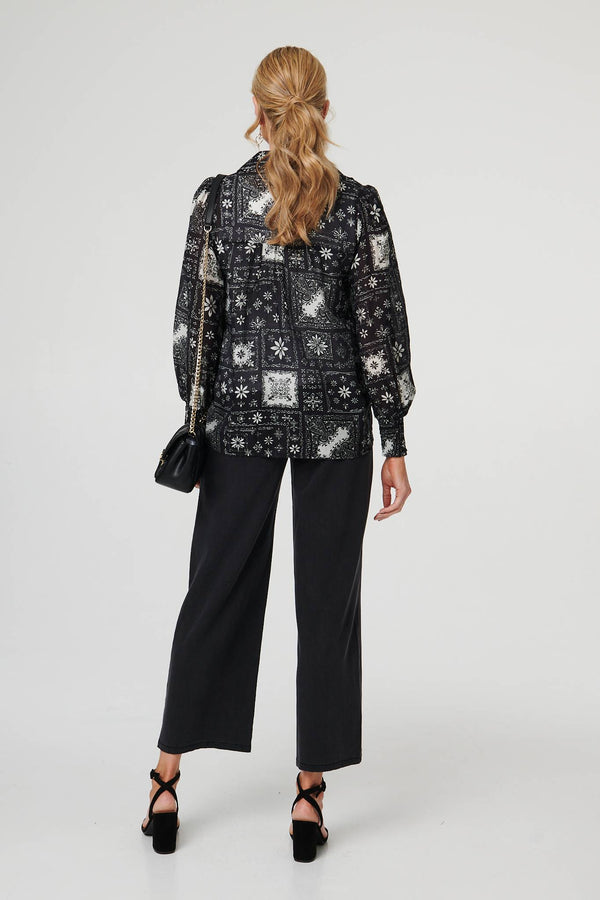 Black | Mosaic Print Button-Up Semi Sheer Shirt
