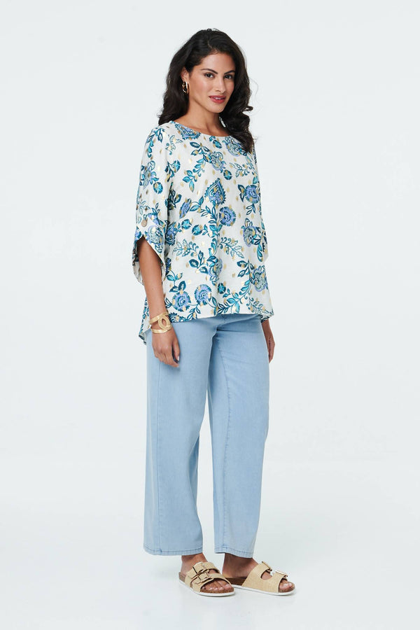 Blue | Paisley Metallic Print 3/4 Sleeve Tunic