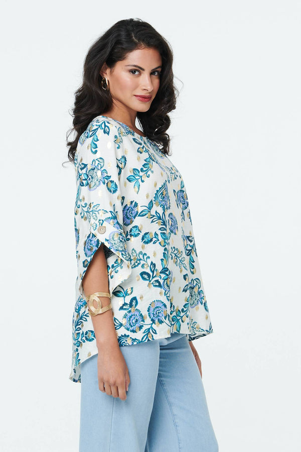 Blue | Paisley Metallic Print 3/4 Sleeve Tunic