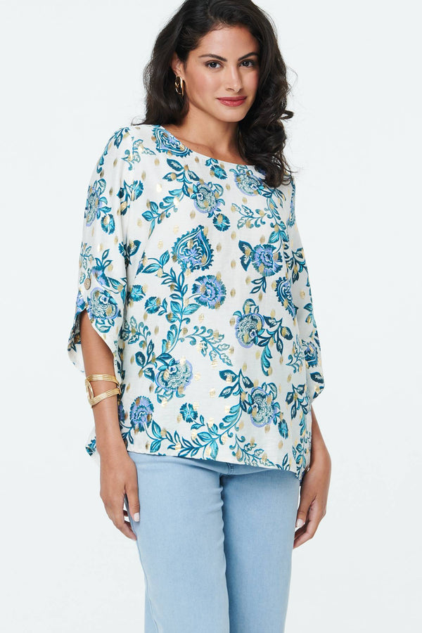 Blue | Paisley Metallic Print 3/4 Sleeve Tunic
