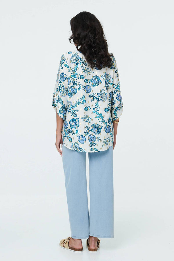 Blue | Paisley Metallic Print 3/4 Sleeve Tunic