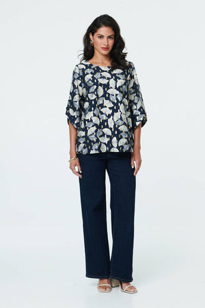 Navy | Abstract Metallic Print 3/4 Sleeve Tunic