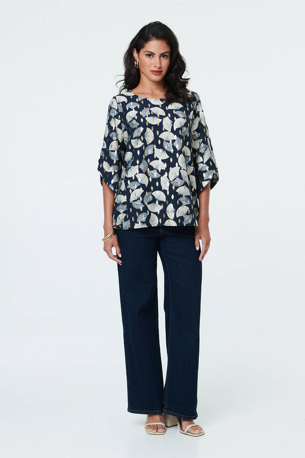 Navy | Abstract Metallic Print 3/4 Sleeve Tunic