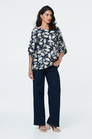 Navy | Abstract Metallic Print 3/4 Sleeve Tunic