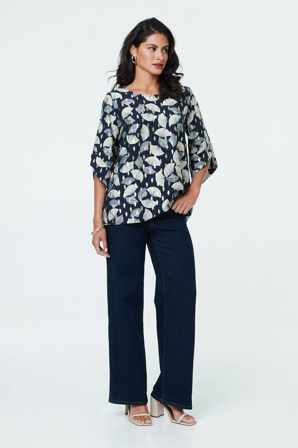 Navy | Abstract Metallic Print 3/4 Sleeve Tunic