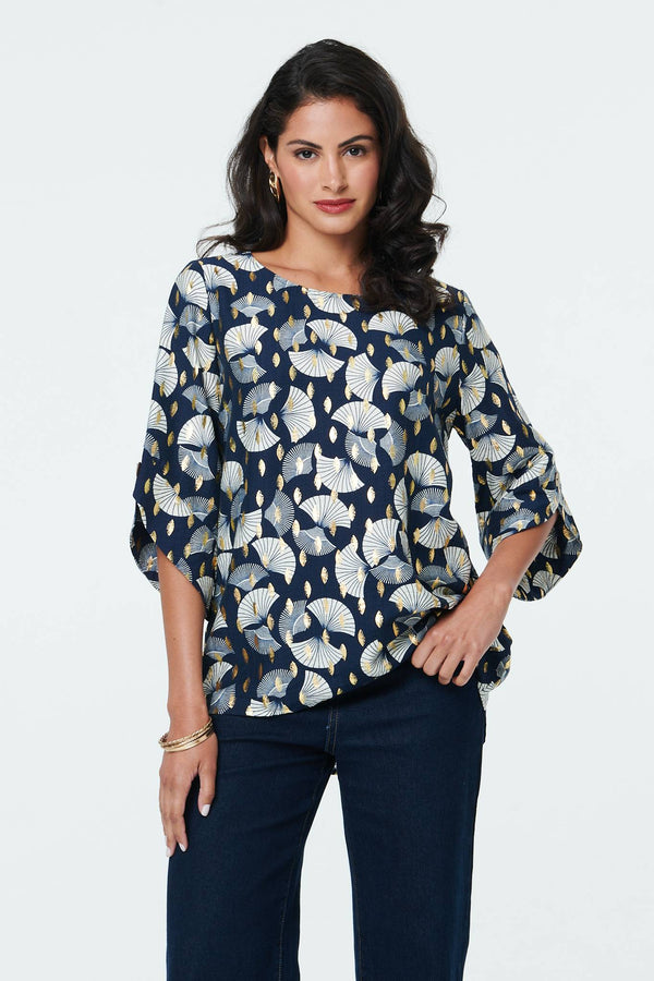 Navy | Abstract Metallic Print 3/4 Sleeve Tunic