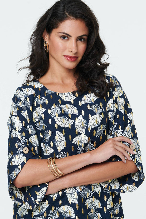 Navy | Abstract Metallic Print 3/4 Sleeve Tunic