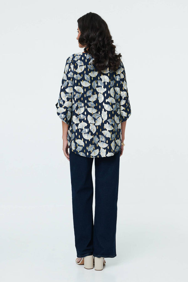 Navy | Abstract Metallic Print 3/4 Sleeve Tunic
