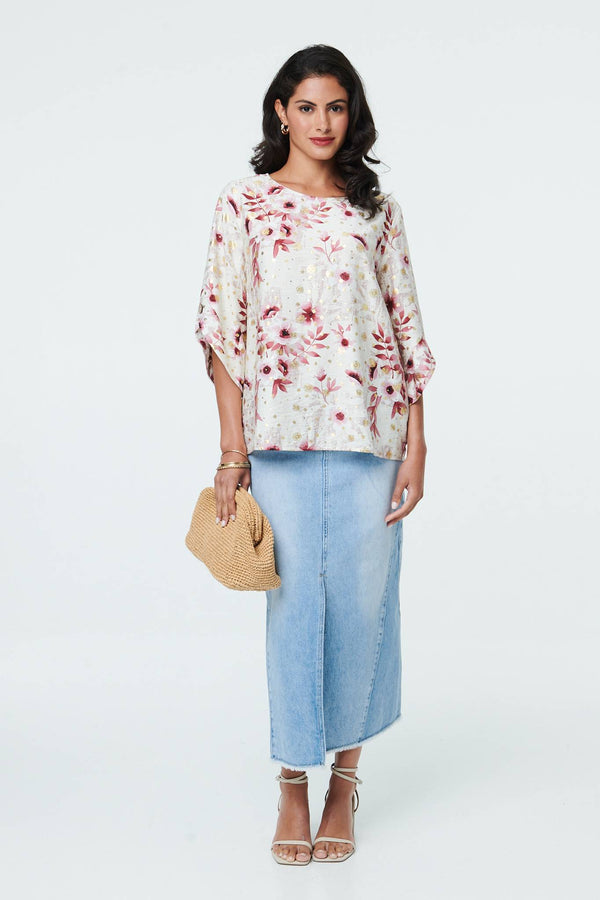 Pink | Floral Metallic Print 3/4 Sleeve Tunic