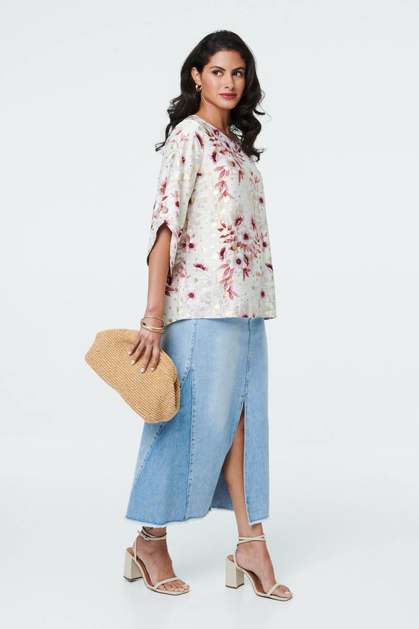 Pink | Floral Metallic Print 3/4 Sleeve Tunic