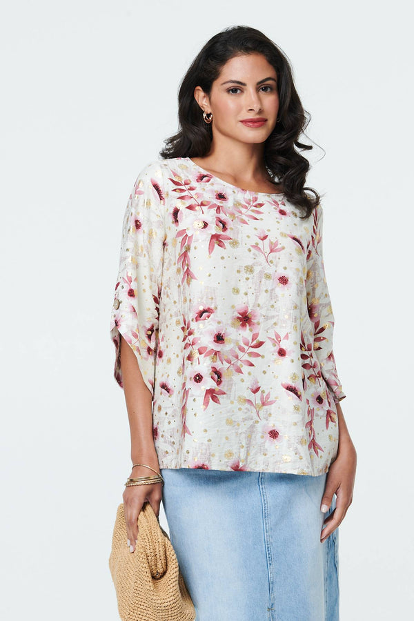 Pink | Floral Metallic Print 3/4 Sleeve Tunic