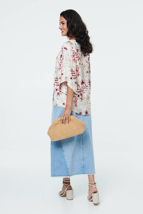 Pink | Floral Metallic Print 3/4 Sleeve Tunic