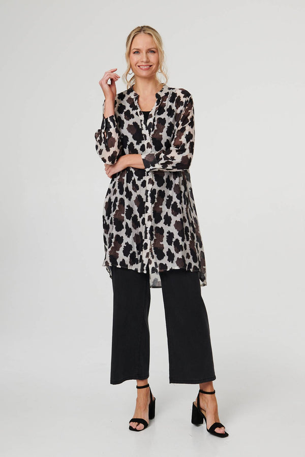 Brown | Animal Print Longline Semi Sheer Shirt