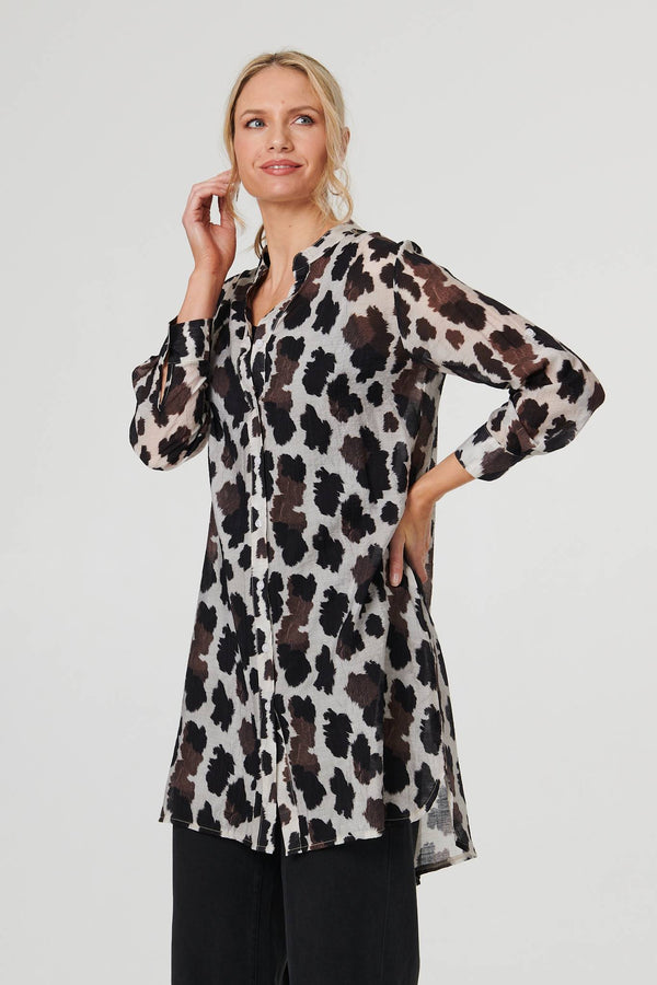 Brown | Animal Print Longline Semi Sheer Shirt