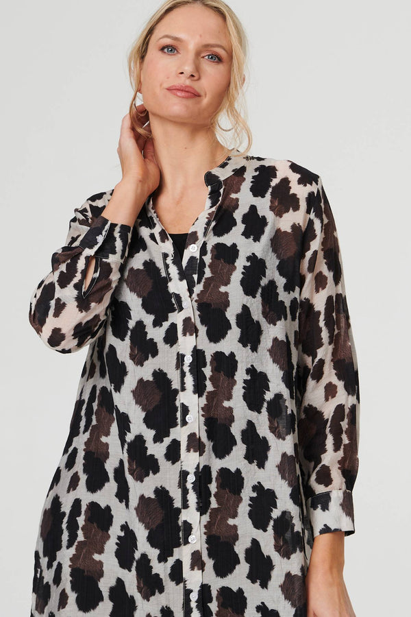 Brown | Animal Print Longline Semi Sheer Shirt