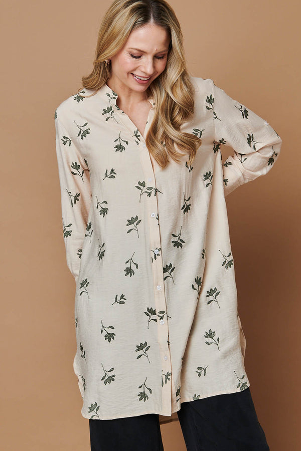 Beige | Floral Long Sleeve Casual Longline Shirt