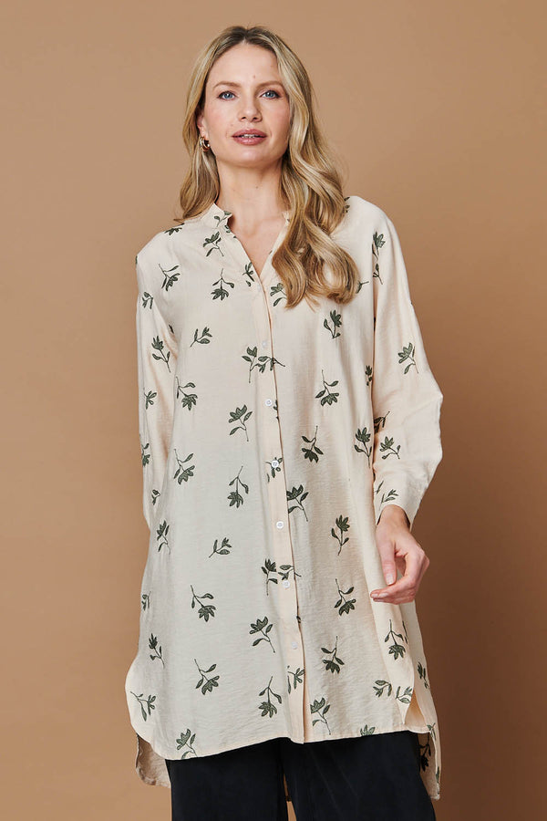 Beige | Floral Long Sleeve Casual Longline Shirt