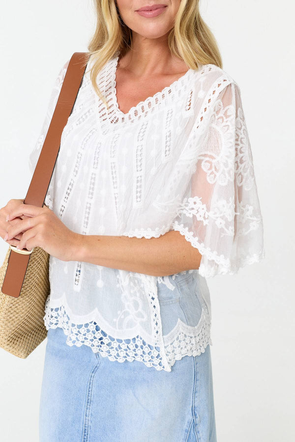 White | Embroidered Texture 1/2 Sleeve Blouse