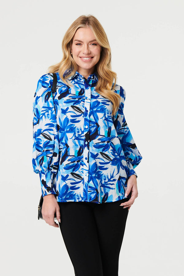 Blue | Brushstroke Print Long Puff Sleeve Shirt
