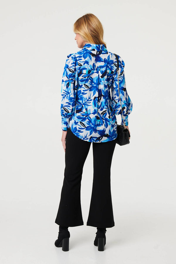 Blue | Brushstroke Print Long Puff Sleeve Shirt
