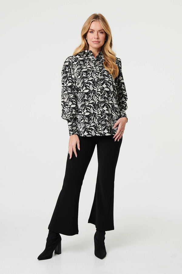 Black | Leaf Print Long Balloon Sleeve Shirt
