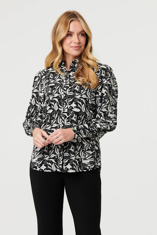 Black | Leaf Print Long Balloon Sleeve Shirt
