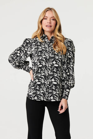 Black | Leaf Print Long Balloon Sleeve Shirt
