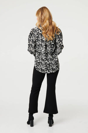 Black | Leaf Print Long Balloon Sleeve Shirt
