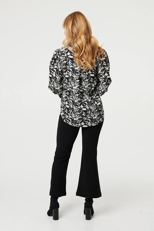 Black | Leaf Print Long Balloon Sleeve Shirt
