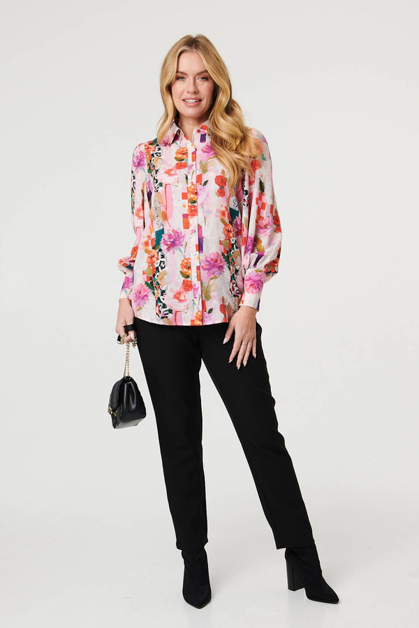 Pink | Abstract Floral Long Puff Sleeve Shirt
